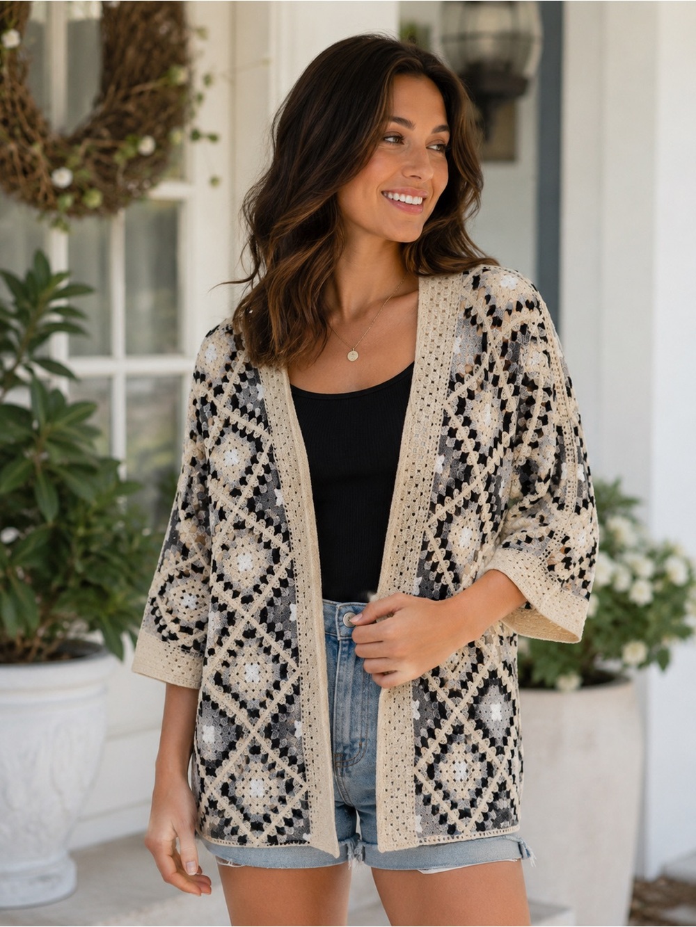 AZ Crochet Open Front Cardigan Boho Granny Square Knit Sweater Women